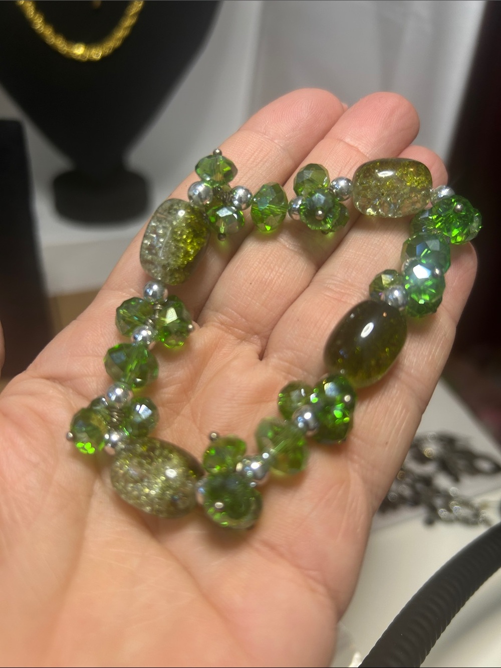 Green Crystal Beaded Stretch Bracelet - Women's Jewelry